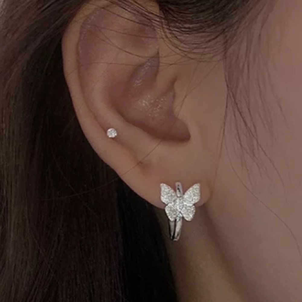 Sterling Silver Shiny Matte Butterfly Hoop Earrings Gorgeous Jewelry - Picture 3 of 4